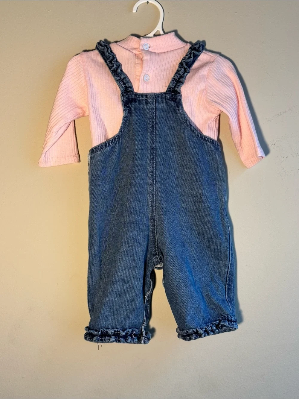 Pink Top with Embroidered Denim Overalls - Baby Girls